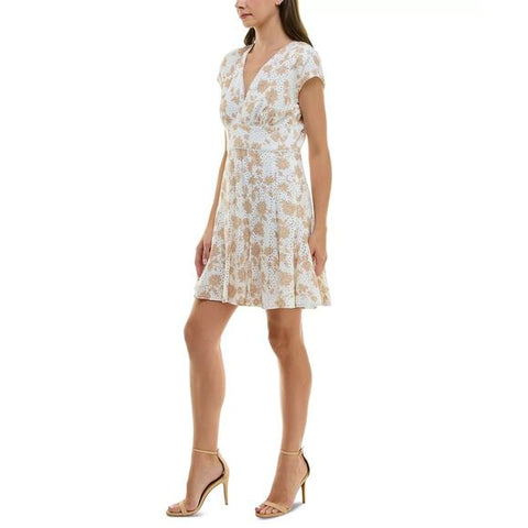 Taylor Women's Beige Printed Cotton Eyelet V-Neck Dress | Taylor In Lebanon