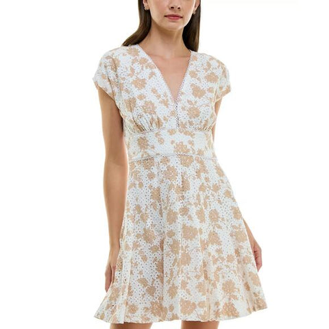 Taylor Women's Beige Printed Cotton Eyelet V-Neck Dress | Taylor In Lebanon