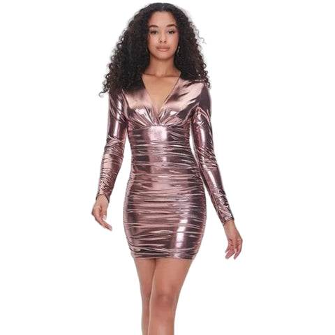 Forever 21 Women's Metallic Dusty Rose V-Neck Ratched Long Sleeve Mini Dress | Forever 21 In Lebanon