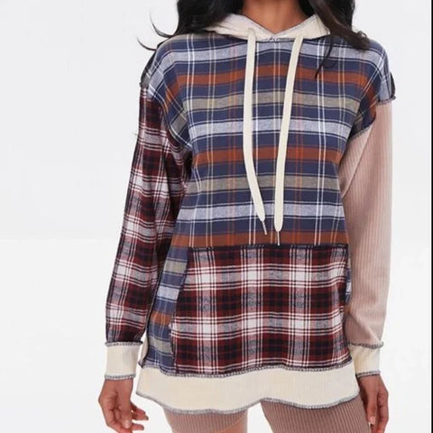 Forever 21 Women's Multicolor Checkered Ribbed Hoodie | Forever 21 In Lebanon