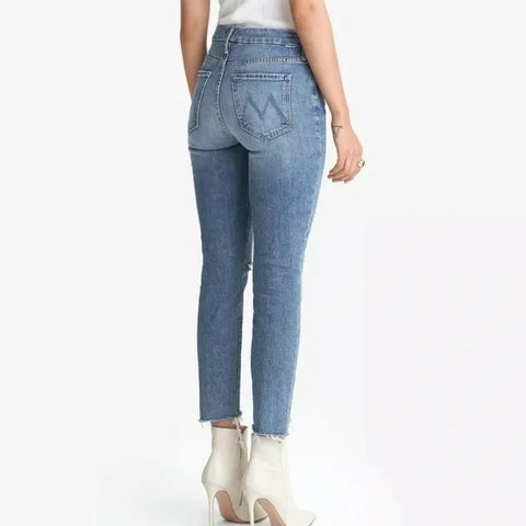 Mother Women's Blue The Looker Ankle Step Fray Skinny Jeans |Mother In Lebanon