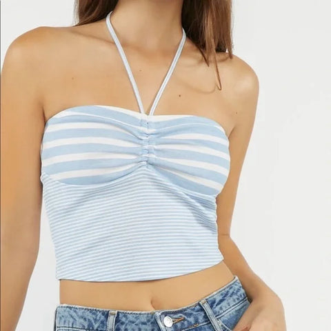 Forever 21 Women's Light Blue and White Striped Halter Crop Top  |Forever 21 In Lebanon