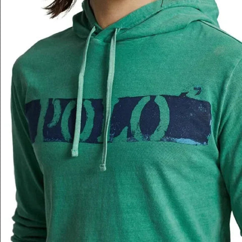 Green hoodie with a dark blue graphic design on a white background