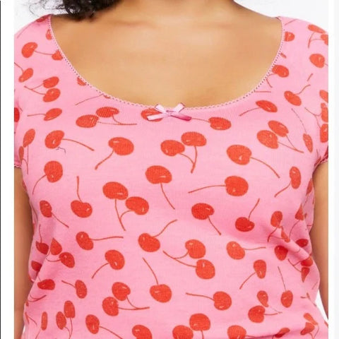 Forever 21 Women's Pink Cherry Printed Round Neck Blouse |Forever 21 In Lebanon
