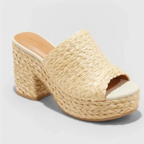 Universal Thread Women's  Beige Raffia Nessa Platform Mule Heeled Sandals | Universal Thread In Lebanon