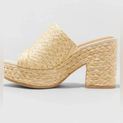 Universal Thread Women's  Beige Raffia Nessa Platform Mule Heeled Sandals | Universal Thread In Lebanon