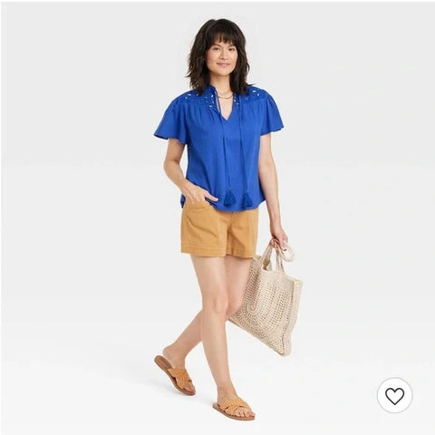 Knox Rose Women's Blue Short Sleeve V-Neck Woven Eyelet Top | Knox Rose In Lebanon