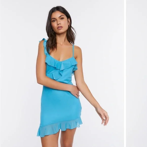 Forever 21 Women's Blue Ruffled Mesh Mini Dress |Forever 21 In Lebanon