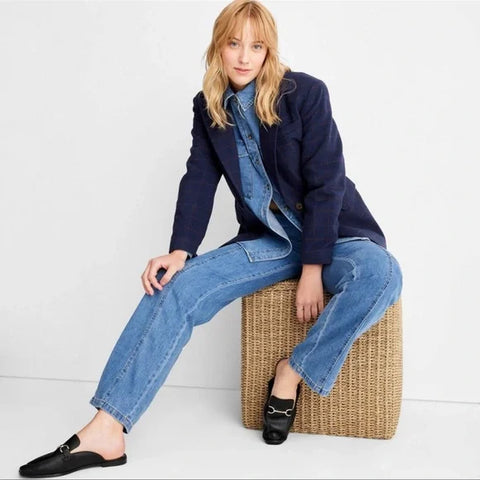 Future Collective Women's Navy Long Sleeve Prep Check Blazer | Future Collective In Lebanon