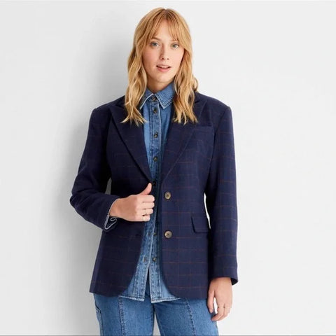 Future Collective Women's Navy Long Sleeve Prep Check Blazer | Future Collective In Lebanon