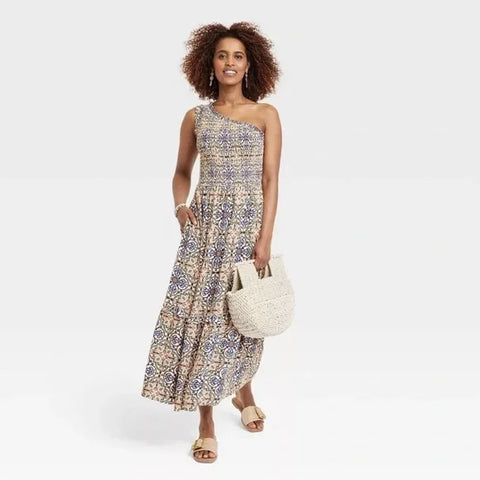 Knox Rose Women's Geometric Print One Shoulder A-Line Maxi Dress |Knox Rose In Lebanon