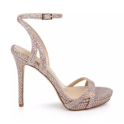 Sparkly high-heeled sandal on a white background