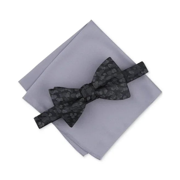 Alfani Men's Black Printed Pre-Tied Bow Tie & Gray Polka Dot Pocket Square Set | Alfani In Lebanon