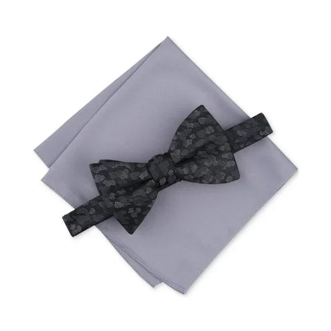 Alfani Men's Black Printed Pre-Tied Bow Tie & Gray Polka Dot Pocket Square Set | Alfani In Lebanon