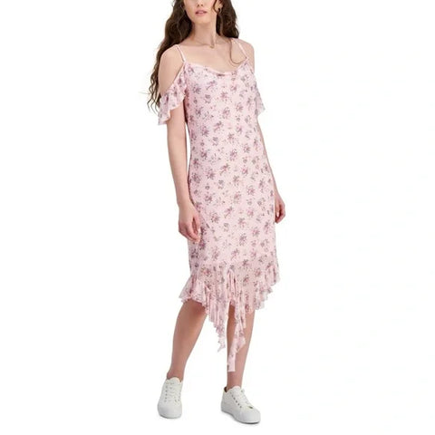 Tinseltown Women's Cloud Pink Mesh Ruffle Cold Shoulder Midi Dress |  Tinseltown in Lebanon