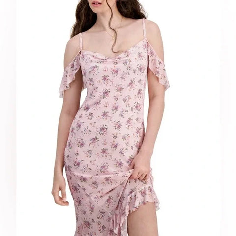 Tinseltown Women's Cloud Pink Mesh Ruffle Cold Shoulder Midi Dress |  Tinseltown in Lebanon