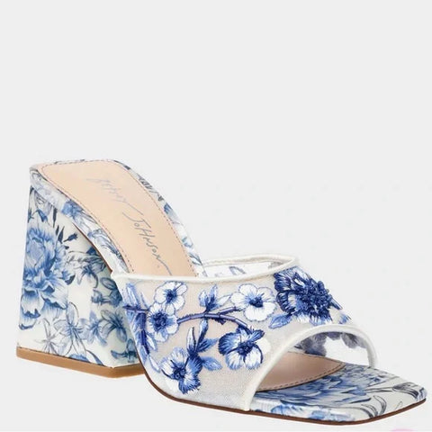 Betsey Johnson Women's White & Blue Floral Embroidered Block Heeled Sandal | Betsey Johnson In Lebanon