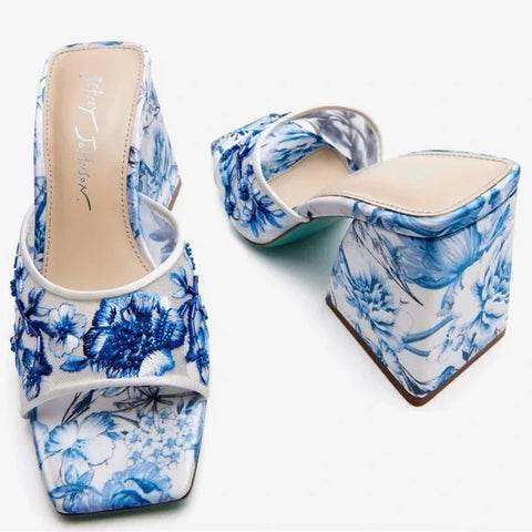 Betsey Johnson Women's White & Blue Floral Embroidered Block Heeled Sandal | Betsey Johnson In Lebanon