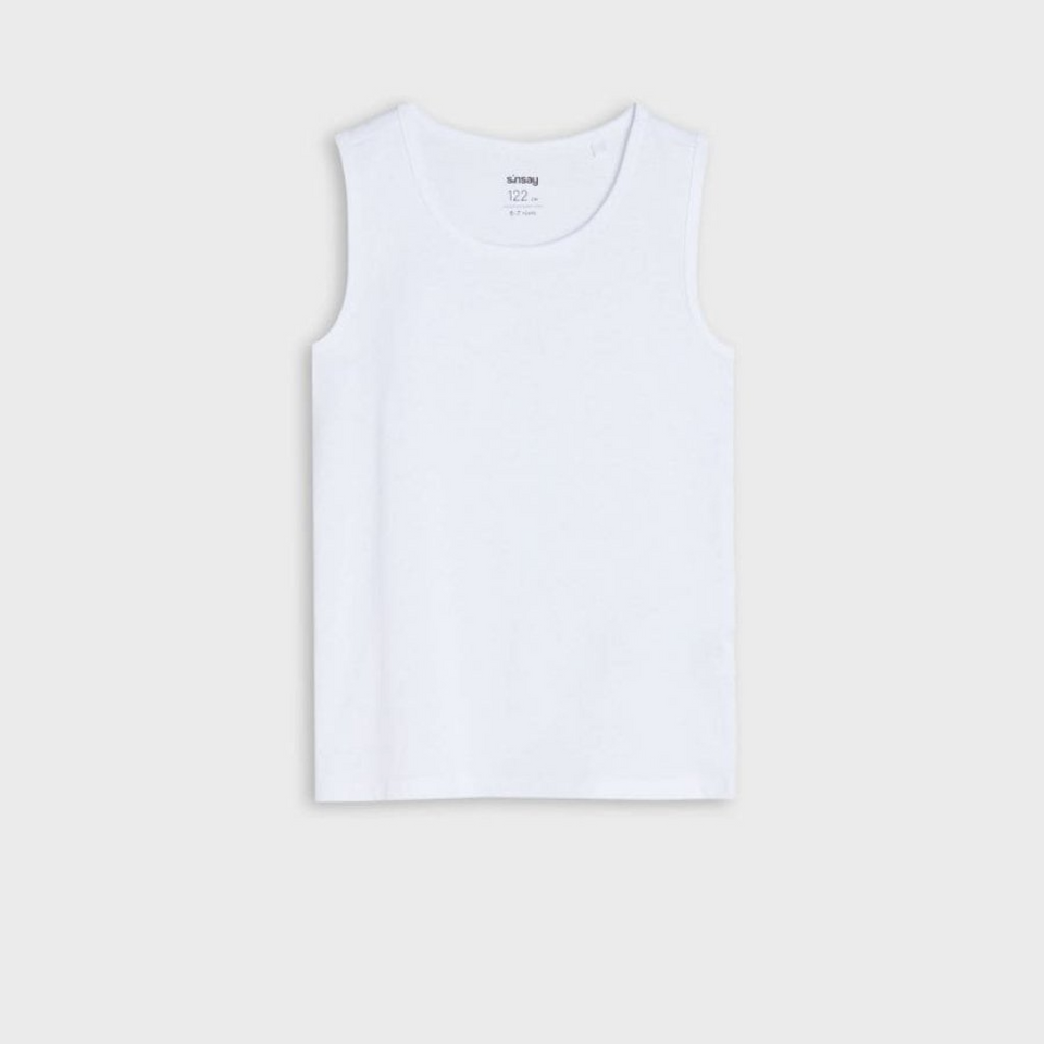 A white sleeveless tank top laid flat against a light gray background.