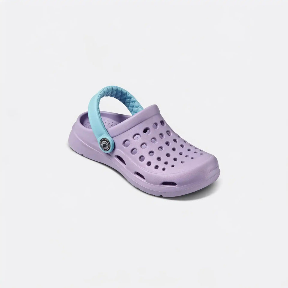 A single light purple perforated clog-style sandal with a light blue strap, shown from a three-quarters angle on a light gray background.