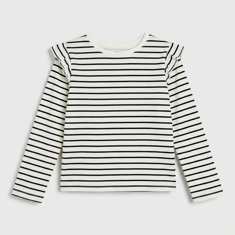 A long-sleeve striped top with ruffled shoulder details, featuring horizontal black stripes on an off-white background, shown against a light gray studio background.