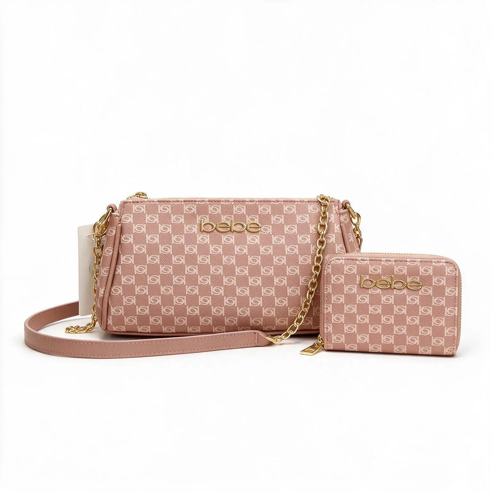 A pink and beige patterned Boba handbag with a matching zip wallet, featuring a gold chain strap and the Boba logo, set against a plain white background.