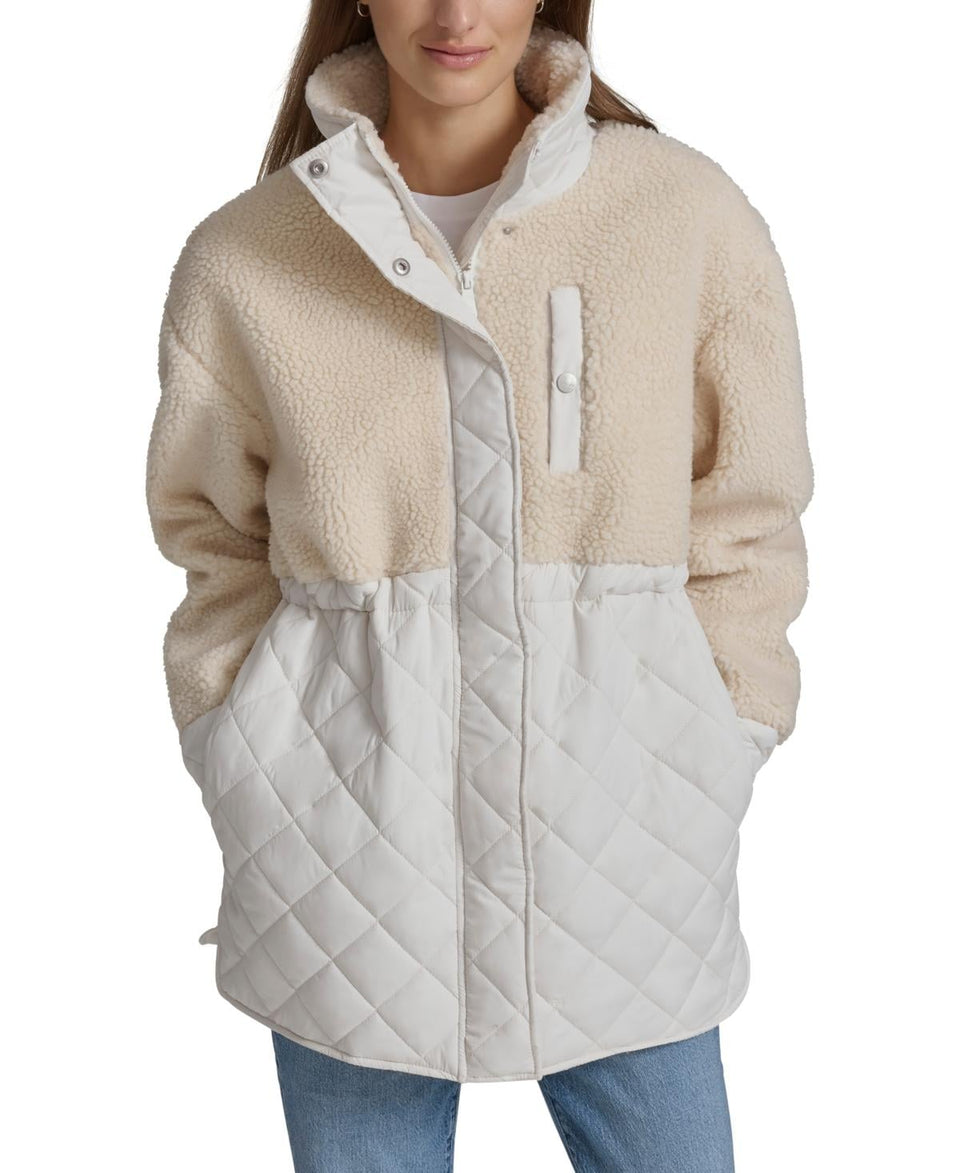 Andrew Marc Sport Women's White/Beige Mixed Media Sherpa And Quilt Jacket With Adjustable Waist | Andrew Marc Sport In Lebanon
