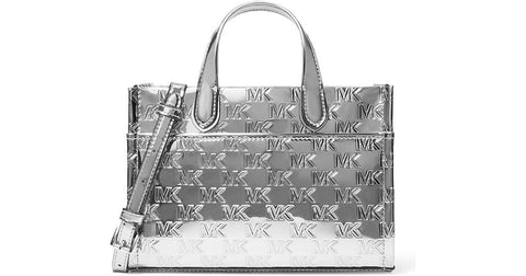 Silver handbag with brand logo on a white background