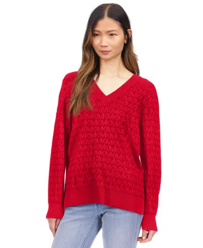 Michael Kors Women's Burgundy V-neck Metallic Logo Sweater | Michael Kors In Lebanon