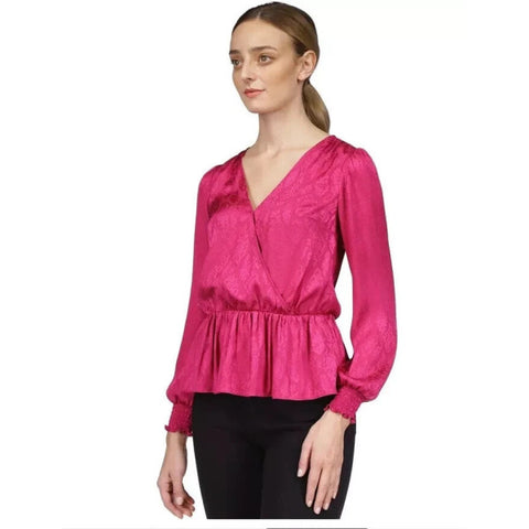 Michael Kors Women's Fuchsia Jacquard Print Faux-Wrap Peplum Blouse | Michael Kors In Lebanon
