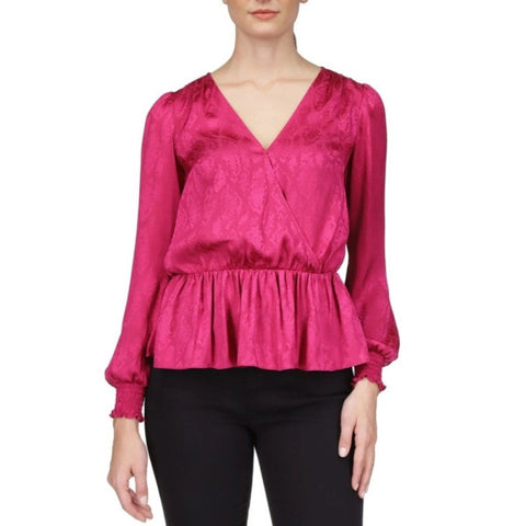 Michael Kors Women's Fuchsia Jacquard Print Faux-Wrap Peplum Blouse | Michael Kors In Lebanon