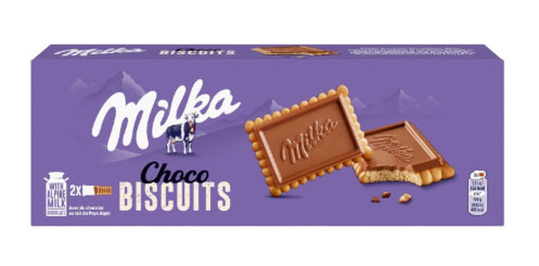 A package of Milka Choco Biscuits with an image of the chocolate biscuits on the front.