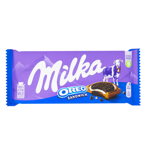 Milka Oreo Sandwich chocolate bar packaging on a white background