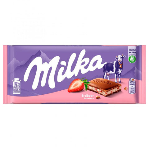 Milka chocolate bar packaging with a strawberry flavor indication on a white background