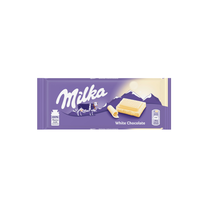 Milka white chocolate bar packaging on a white background