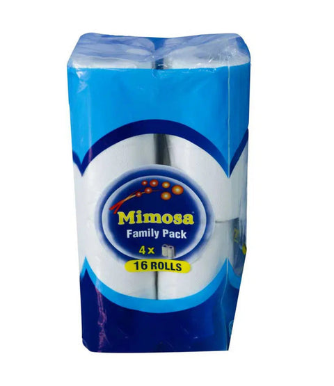 Pack of Mimosa toilet paper rolls with blue and white design on a white background