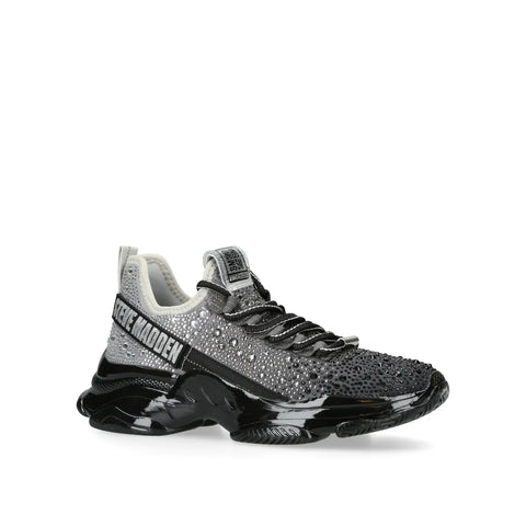 Black and gray sneaker with rhinestone embellishments on a white background