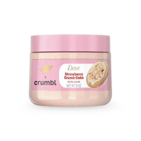 Jar of Dove x Crumbl Strawberry Crumb Cake body scrub on a white background