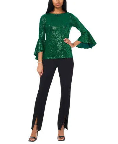 MSK Women's Green Sequinned Bell-Sleeve Boat-Neck Top Blouse | MSK In Lebanon