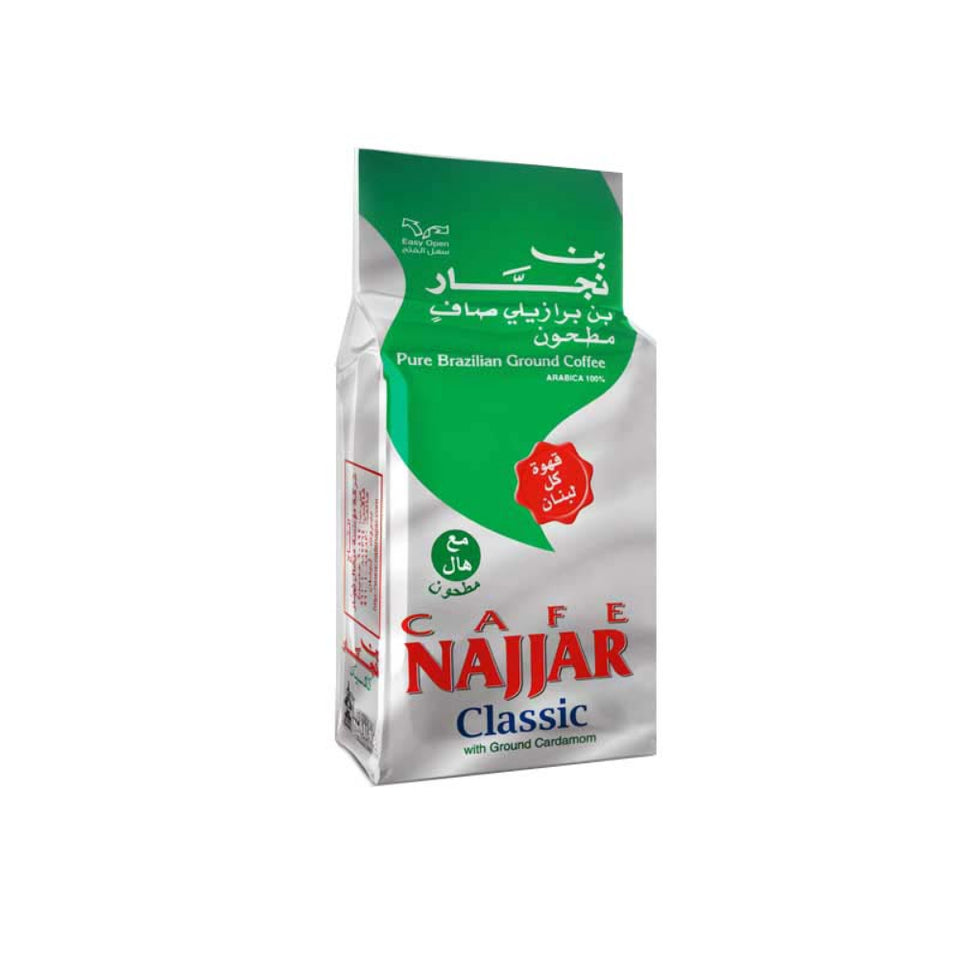 Packaging of Najjar Classic Coffee with Cardamom, showing a green and white bag with text and branding.