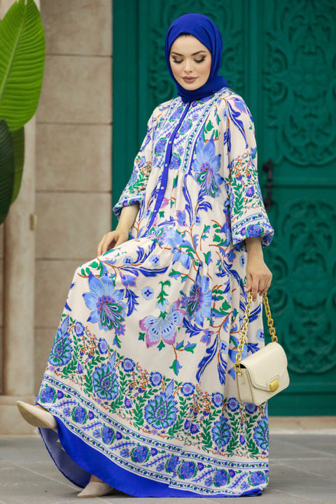 Big Dart Women's Blue Floral Patterned Sax Hijab Dress |Big Dart In Lebanon