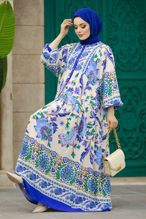 Big Dart Women's Blue Floral Patterned Sax Hijab Dress |Big Dart In Lebanon