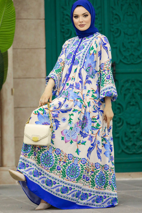 Big Dart Women's Blue Floral Patterned Sax Hijab Dress |Big Dart In Lebanon
