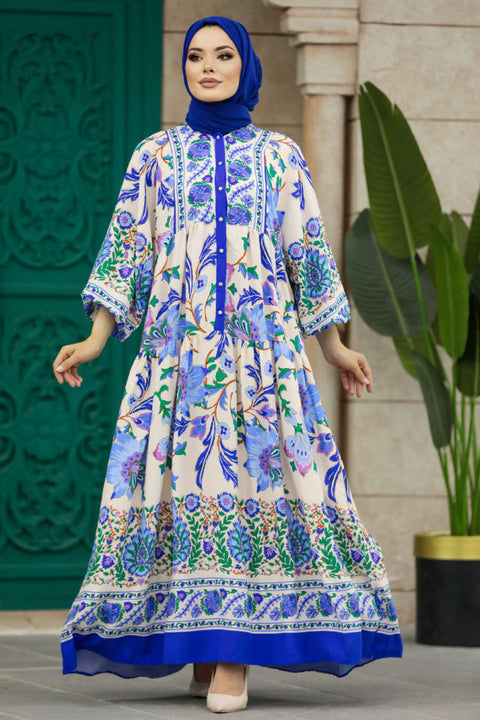 Big Dart Women's Blue Floral Patterned Sax Hijab Dress |Big Dart In Lebanon