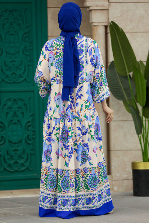Big Dart Women's Blue Floral Patterned Sax Hijab Dress |Big Dart In Lebanon