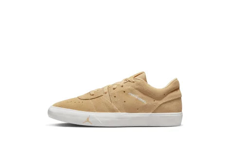 Beige sneaker with a brand logo on a white background