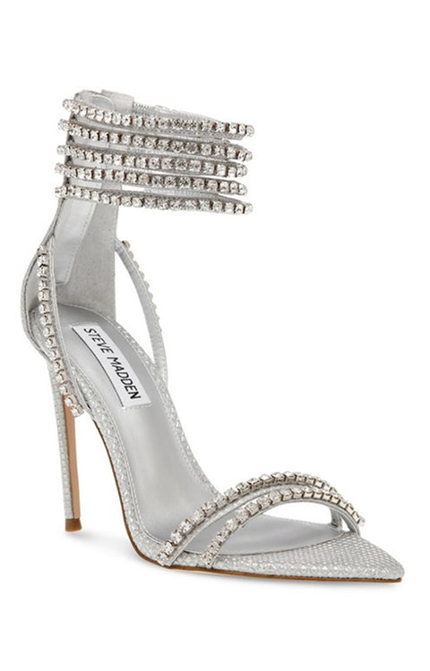 Silver high-heeled sandal with crystal embellishments on a white background