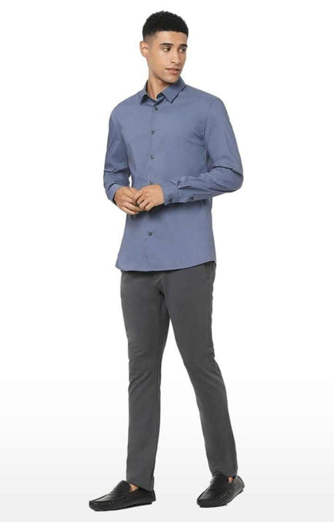 Celio Men’s Dark Blue Regular Fit Solid Cotton-Blend  Long Sleeve Shirt |Celio In Lebanon