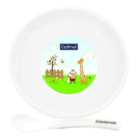 White plate with cartoon design and 'Optimal' branding on a white background