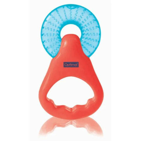 Red and blue baby teether with 'Optimal' branding on a white background